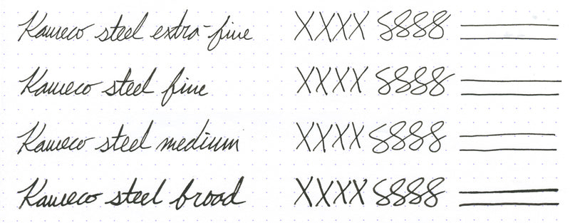 Writing samples in various nib sizes for Kaweco fountain pens